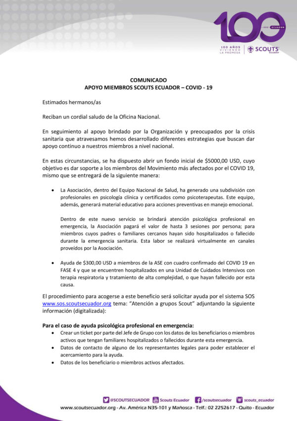 Apoyo SCOUTS afectados COVID 19