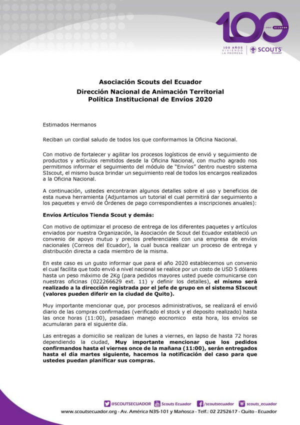 Politica de envios Scouts Ecuador 2020
